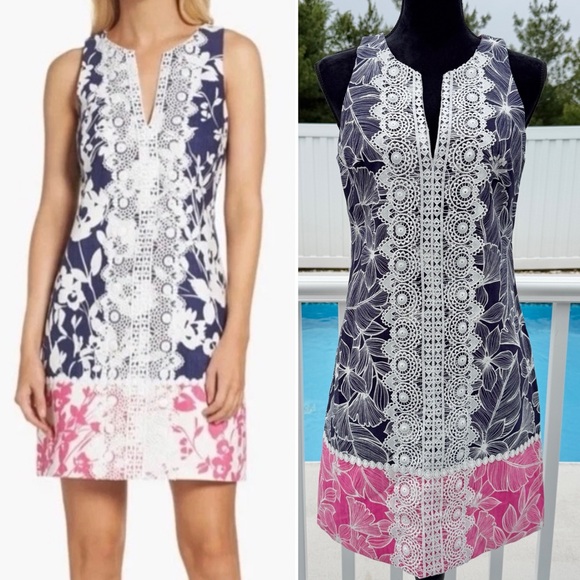 Eliza J Dresses & Skirts - Eliza J Floral Sheath Dress Overlay Split V-Neck Navy Pink Size 6